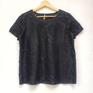 Topshop Faux Leather Laser Cut Short Sleeve Top